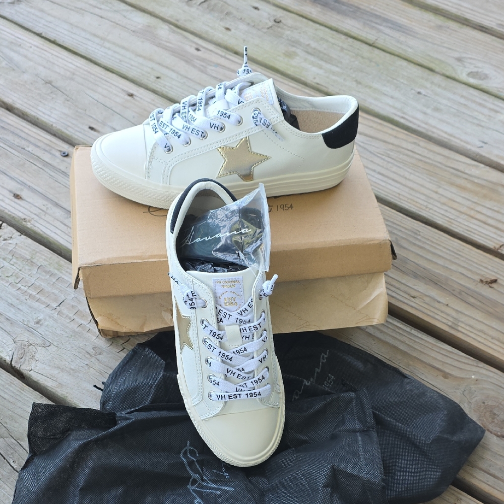 Vintage Havana Strut White Sneakers with Gold Star and Black Heel